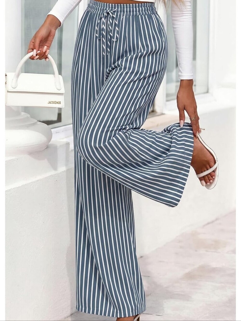 Striped Wide-Leg Drawstring Pants in Slate Blue & White